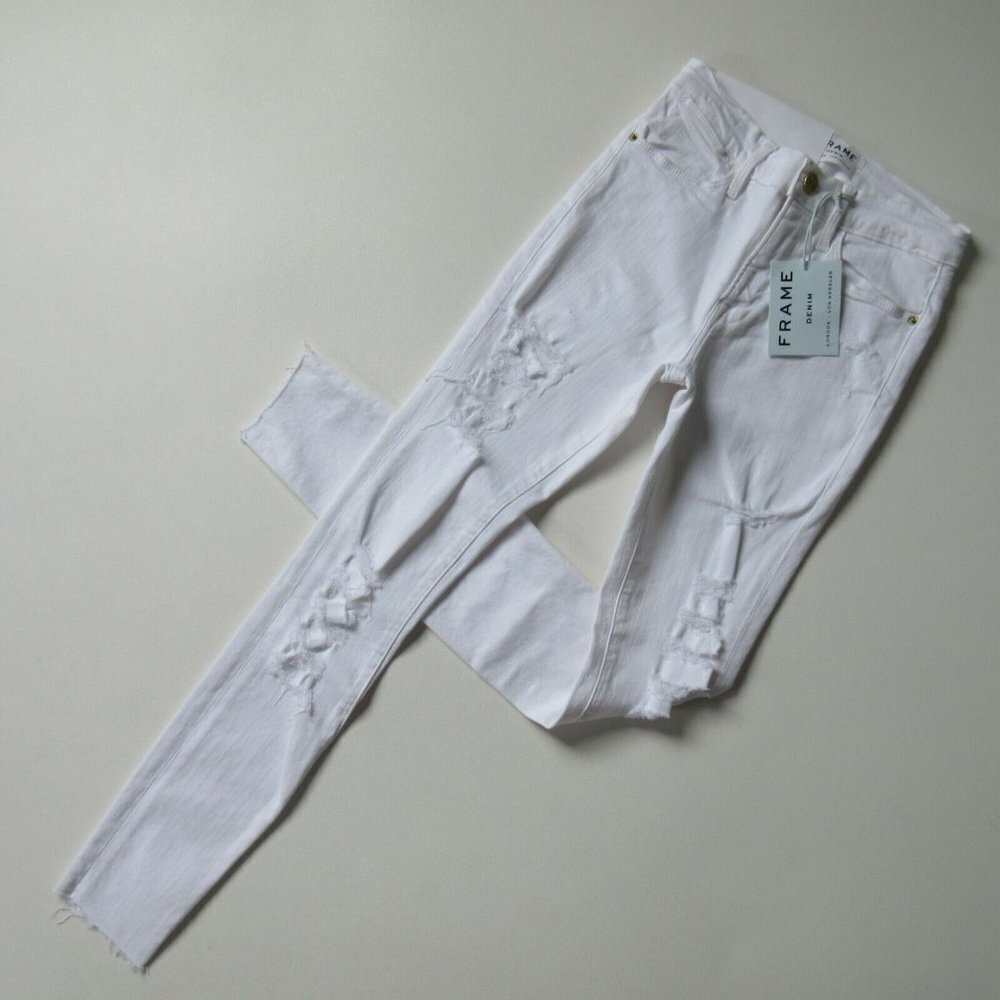 NWT FRAME Le High Skinny in Blanc Rip Destroyed Raw Hem Stretch Jeans 24